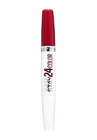 Produkt do ust Maybelline Super Stay 24 Color z czerwoną zakrętką i białym korpusem oznaczonym odważnym czarnym i czerwonym napisem. Smukły, cylindryczny kształt.