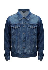 Blauwe denimjack met een klassiek design, voorzien van een knoopsluiting aan de voorkant, twee borstzakken en een kraag. De stof heeft een licht vervaagde afwerking.
