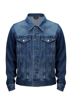 Chaqueta de denim azul con un diseño clásico, que cuenta con un cierre frontal de botones, dos bolsillos en el pecho y un cuello. La tela tiene un acabado ligeramente desgastado.