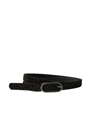 Ceinture noire étroite avec imprimé léopard foncé et boucle ovale argentée posée à plat sur fond blanc.