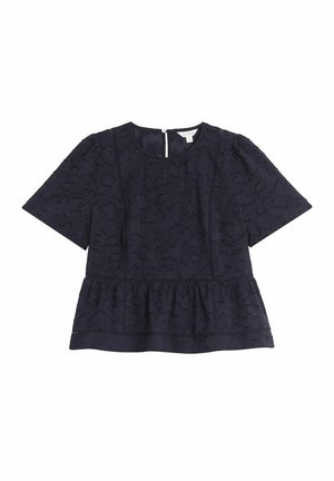 Granatowa bluzka z krótkim rękawem, o kroju peplum, z teksturowanym kwiatowym wzorem, okrągłym dekoltem, zamkiem z tyłu oraz detalami w tonacji szycia.