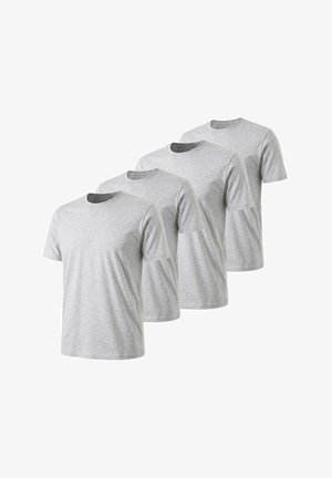 Vier schlichte hellgraue T-Shirts mit kurzen Ärmeln und Rundhalsausschnitt, in einer versetzten Reihe auf weißem Hintergrund angeordnet.