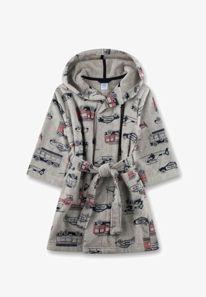 Grauer Kinderbademantel mit Kapuze, Taillengürtel und bunten Fahrzeugmustern, darunter Polizeiautos und Hubschrauber. Weiche Textur.