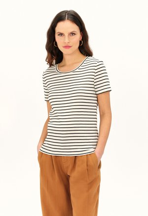 Gestreiftes Kurzarm-T-Shirt in Creme mit schwarzen horizontalen Linien, mit Rundhalsausschnitt und figurbetonter Silhouette.