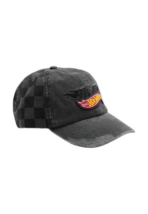 Sort baseballcap med ternet mønster på sidepanelerne og Hot Wheels-flammetryk på fronten.