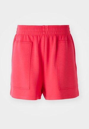 Red athletic shorts made from lightweight fabric, featuring an elastic waistband and two large front pockets. Smooth texture, knee-length cut.