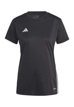 Black athletic shirt with short sleeves, made from moisture-wicking fabric, featuring side mesh panels and white logo accents.