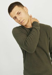 Pulover tricotat cu mâneci lungi, texturat, în verde măsliniu închis. Design ajustat cu manșete ribbate, decolteu rotund și detalii subtile de model.