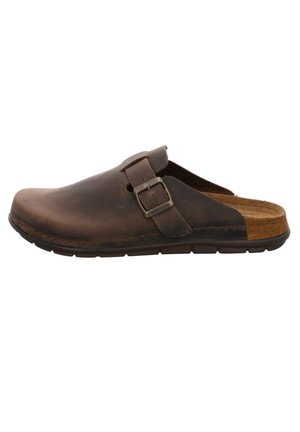 Brown leather clog with a rounded toe, buckle detail, and an open back. Features a soft insole and textured outsole for grip.