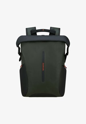 Dark green and black roll-top backpack with padded shoulder straps and red Samsonite logo on front vertical strip.