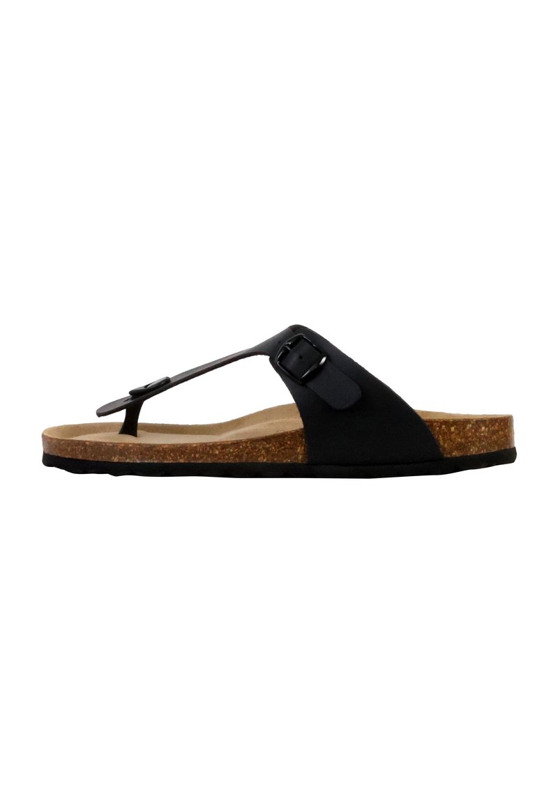 Sort thong sandal med en syntetisk overdel og justerbar spænde. Korkfodseng og struktureret gummisål. Flad design, der er velegnet til afslappet brug.