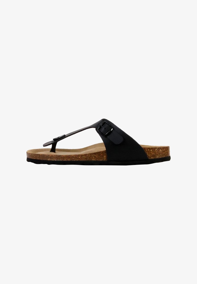 Sort thong sandal med en syntetisk overdel og justerbar spænde. Korkfodseng og struktureret gummisål. Flad design, der er velegnet til afslappet brug.
