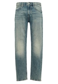Lichtblauwe denim jeans met een rechte pasvorm, voorzien van subtiele vervaging, vijf zakken en een knoopsluiting in de taille.