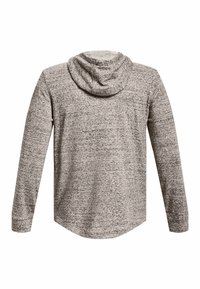 Grauer Hoodie mit langen Ärmeln, abgerundetem Saum und strukturiertem Strickstoff. Verfügt über eine geräumige Kapuze und keine sichtbaren Verschlüsse.