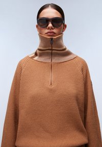 Bruine gebreide pullover met een hoge kraag en een ritssluiting. Kenmerken stripes aan de kraag en brede mouwen. Gestructureerde stof.