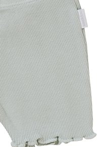 Lichtgroene geribbelde shorts van zacht materiaal, met een geplooide rand en een klein merketiket aan de zijkant.