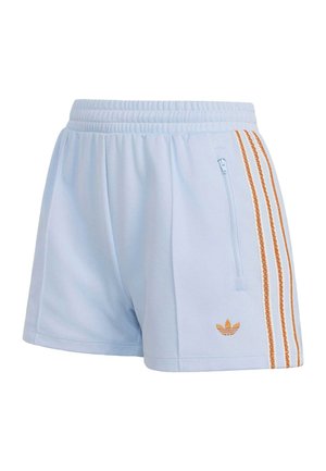 Hellblaue Sportshorts mit elastischem Bund, orangefarbenem Adidas-Logo und drei orangefarbenen Seitenstreifen mit Reißverschlusstasche.