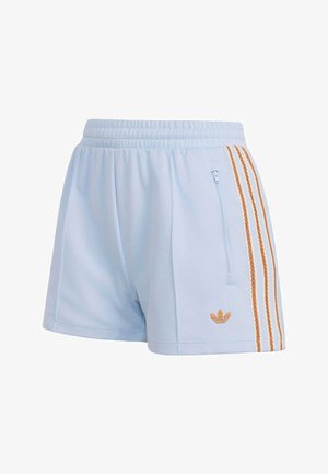 Light blue athletic shorts with elastic waistband, orange Adidas logo, and three orange-striped side panels with a zippered pocket.