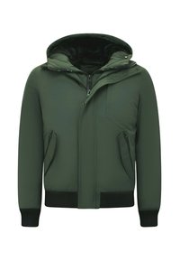 Groen gewatteerd jack met een afneembare capuchon, ritssluiting aan de voorkant, twee zijzakken, geribde manchetten en een gladde textuur.