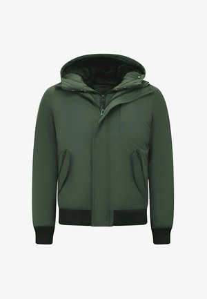 Groen gewatteerd jack met een afneembare capuchon, ritssluiting aan de voorkant, twee zijzakken, geribde manchetten en een gladde textuur.