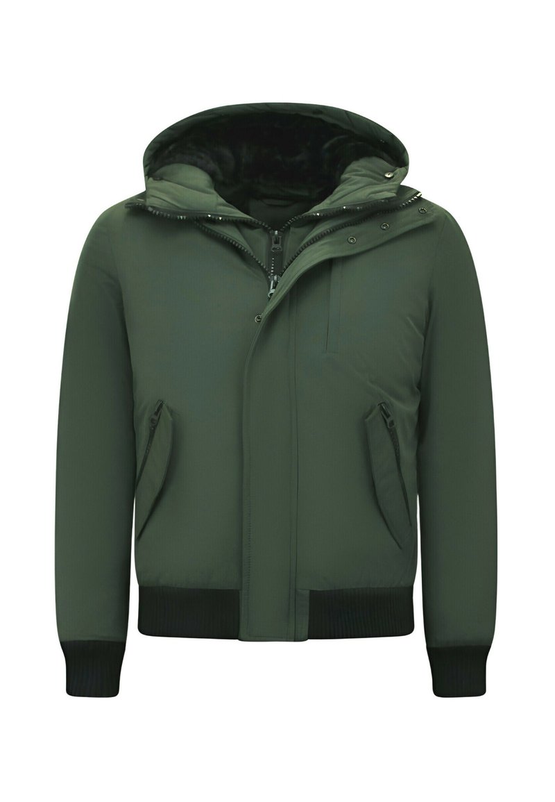 Groen gewatteerd jack met een afneembare capuchon, ritssluiting aan de voorkant, twee zijzakken, geribde manchetten en een gladde textuur.