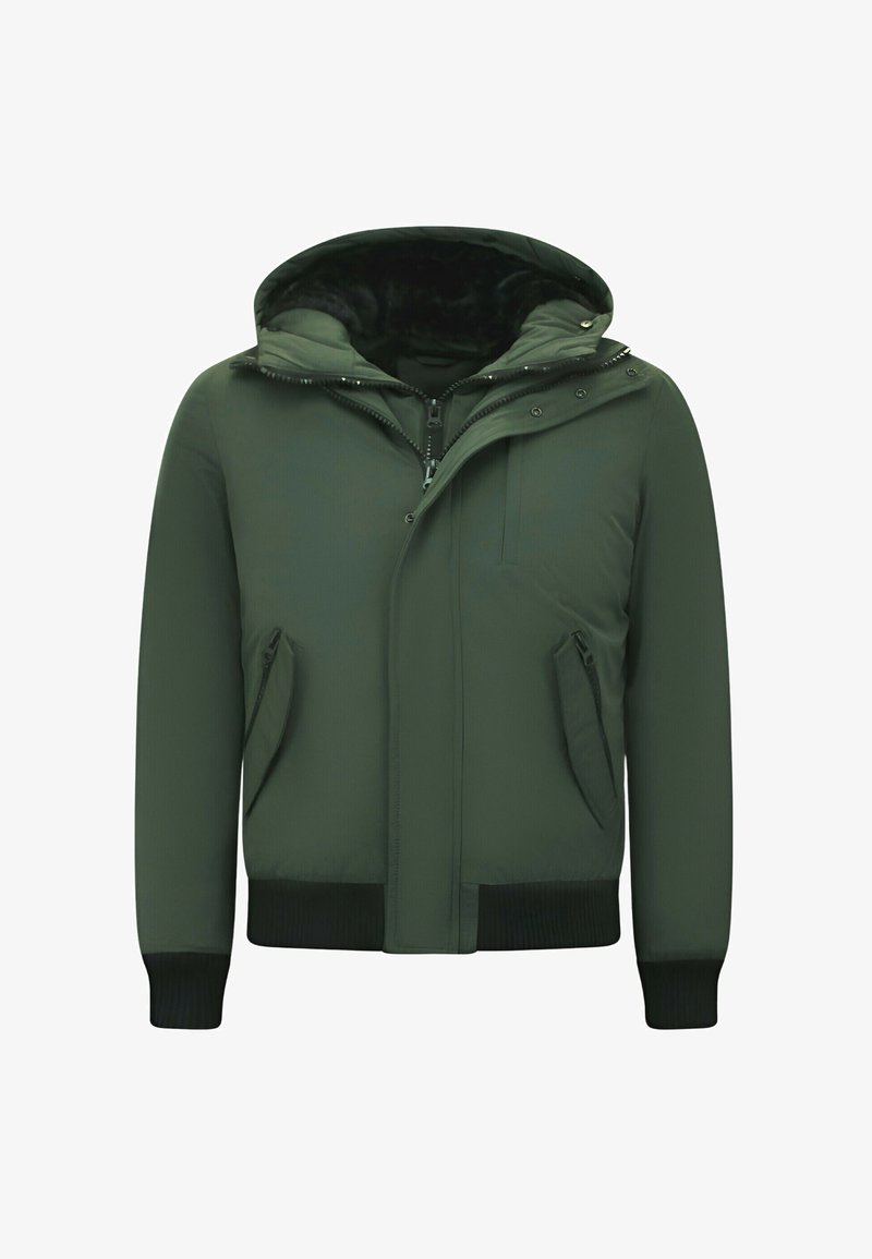Groen gewatteerd jack met een afneembare capuchon, ritssluiting aan de voorkant, twee zijzakken, geribde manchetten en een gladde textuur.