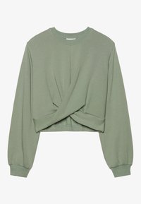 Felpa corta verde menta con maniche lunghe, caratterizzata da un design con frontale attorcigliato e polsini a coste. Texture morbida, stile casual.