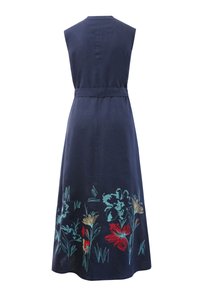 Sleeveless navy dress with belt, featuring multicolored floral embroidery near the hem, shown from the back.