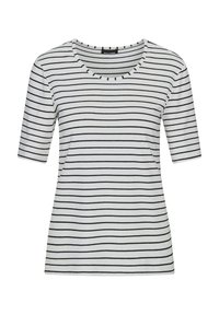 Witte t-shirt met korte mouwen, zwarte horizontale strepen, ronde hals, zachte stof en een ontspannen pasvorm. Eenvoudig ontwerp zonder versieringen.