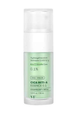 Grüne und weiße kosmetische Pumpspender-Flasche mit der Aufschrift CICA RETI-A Essence 0,1 zur Pflege von Poren und Falten, 30 ml, enthält Hydroxypinacolon Retinoat.
