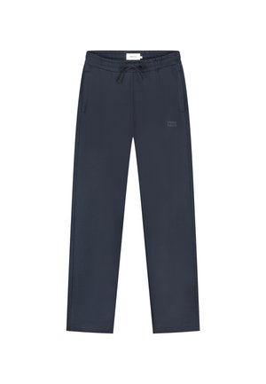 Marineblaue gerade geschnittene Sweatpants mit elastischem Bund, Kordelzug, seitlichen Taschen und kleinem "PURE PATH"-Text am linken Oberschenkel.