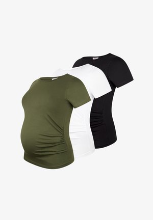 Tre t-shirt per maternità in verde oliva, bianco e nero. Ognuna presenta un collo rotondo, maniche corte e arricciature laterali per una vestibilità flessibile.