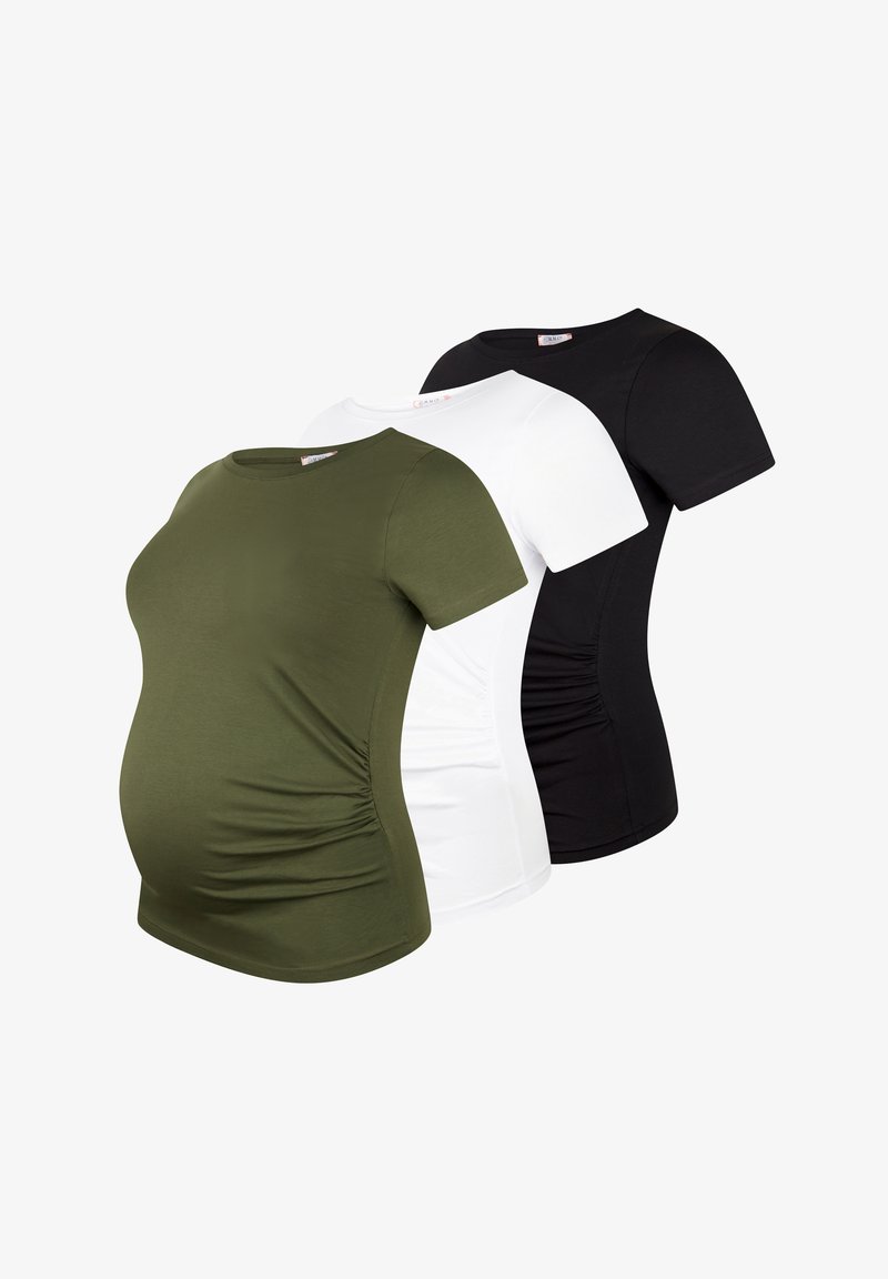 Three maternity t-shirts in olive green, white, and black. Each features a round neck, short sleeves, and side ruching for a flexible fit.