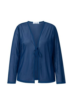 Cardigan in chiffon blu navy, stile kimono, con maniche lunghe, scollatura a V e chiusura a fiocco sul davanti. Tessuto leggero e morbido.