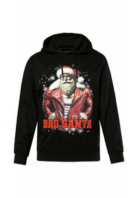 Schwarzer Hoodie mit einem Druckdesign von Santa in einer roten Lederjacke mit weißen Fellakzenten, beschriftet mit "BAD SANTA" in fett roten Buchstaben.