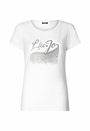 Weißes T-Shirt mit kurzen Ärmeln und einem schwarzen, glitzernden "Liu Jo"-Logo. Weicher Stoff mit rundem Ausschnitt und lässiger Passform.