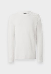 Biały sweter z długim rękawem, wykonany z teksturowanej siateczki, z okrągłym dekoltem i ściągaczami przy rękawach. Prosty i lekki design.