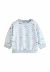 Lichtblauwe hoodie met een geruit patroon, versierd met kleine, kleurrijke autoprints. Zacht materiaal en ribbelboorden aan de mouwen en onderkant.