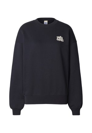 Tmavomodrá mikina s žebrovanými manžetami a lemem, s bílým logem "Salt & Olives" na levé horní části. Vyrobená z měkké, strukturované tkaniny.