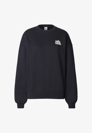 Laivaston sininen collegepaita, jossa on resorikahleet hihoissa ja helmassa, ja valkoinen "Salt & Olives" -logo vasemmassa yläkulmassa. Valmistettu pehmeästä, teksturoidusta kankaasta.