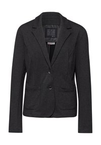 Černý blazer s texturovaným povrchem, klopovými límci, dvěma předními kapsami a knoflíkovým zapínáním. Má saténovou vnitřní podšívku.