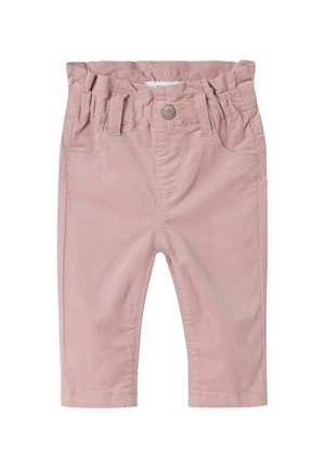 Pantalon rose doux pour tout-petit avec ceinture élastique, bouton sur le devant, passants de ceinture et deux poches avant.