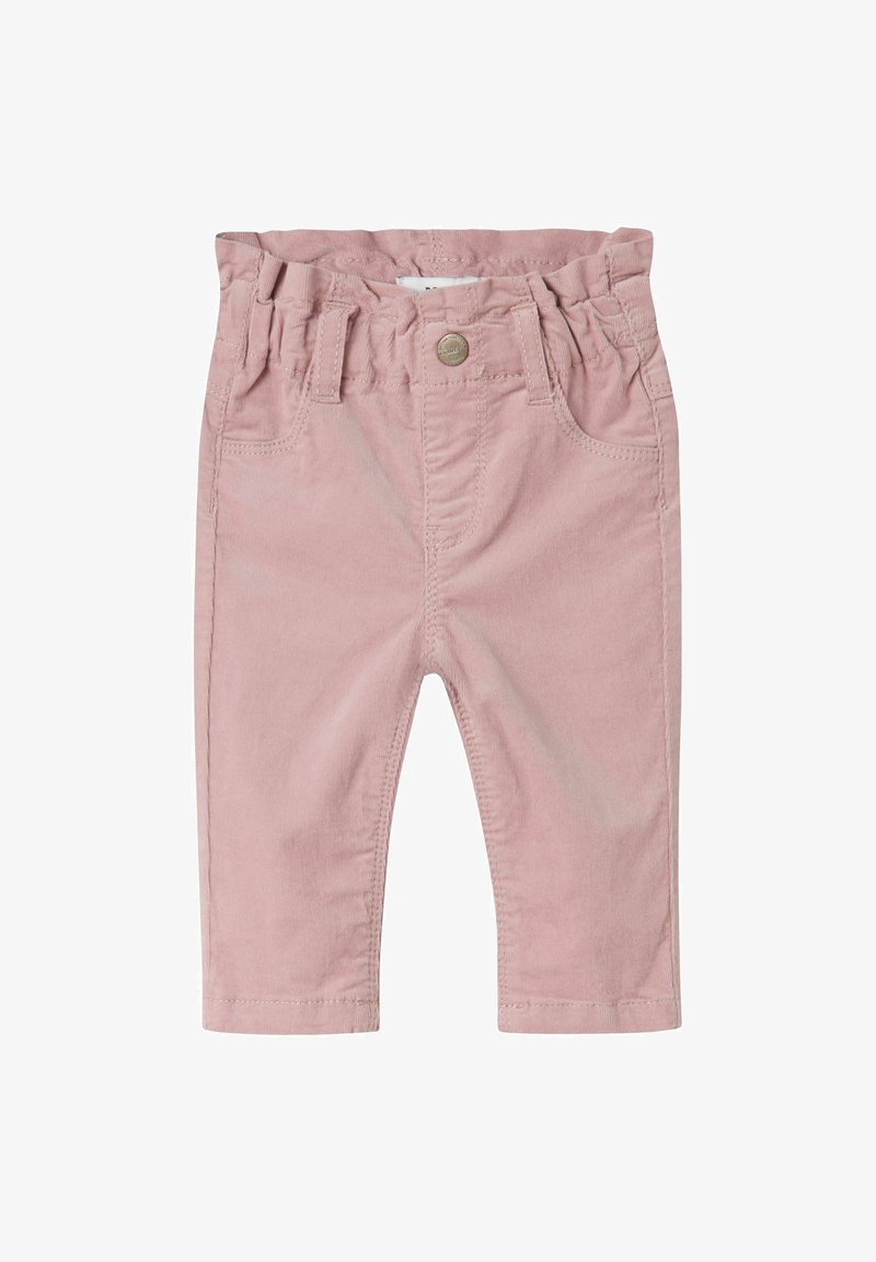 Pantalon rose doux pour tout-petit avec ceinture élastique, bouton sur le devant, passants de ceinture et deux poches avant.