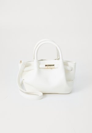 White leather handbag with two handles, a detachable shoulder strap, and a small gold clasp detail on the front.