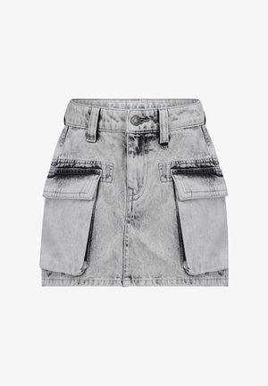 Grauer Jeansrock mit einem ausgewaschenen Finish, ausgestattet mit zwei Seitentaschen, einem klassischen Taillenbund mit Gürtelschlaufen und einem Knopfverschluss vorne.
