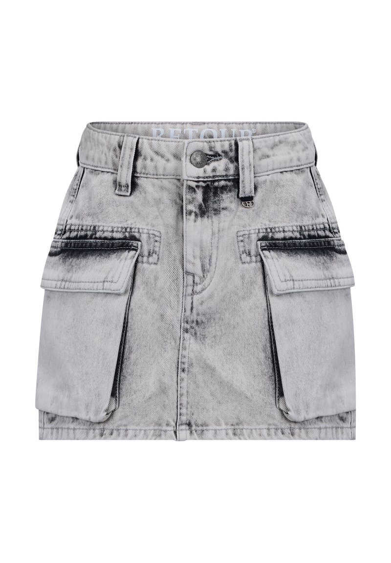 Jupe en denim gris avec une finition délavée, dotée de deux poches latérales, d'une taille classique avec passants de ceinture et d'une fermeture à bouton à l'avant.