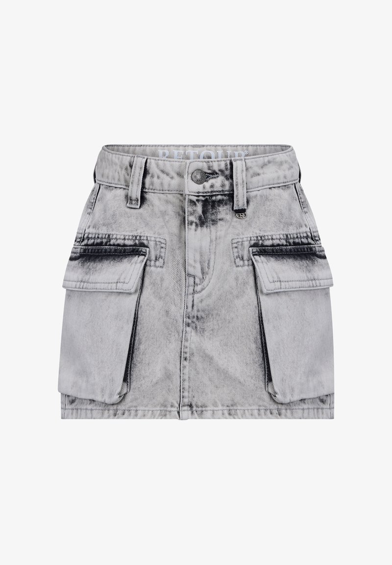 Gonna in denim grigio con finitura sbiadita, dotata di due tasche laterali, una vita classica con passanti per la cintura e una chiusura a bottone anteriore.