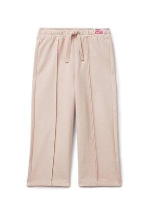 Pantaloni rosa chiaro in morbido misto cotone con vita elastica e cordoncino. Presentano pieghe e orli cuciti.