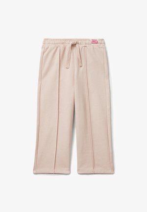 Jasnoróżowe, miękkie spodnie z mieszanki bawełny z elastycznym paskiem i sznurkiem. Posiadają zakładki i przeszyte doły.