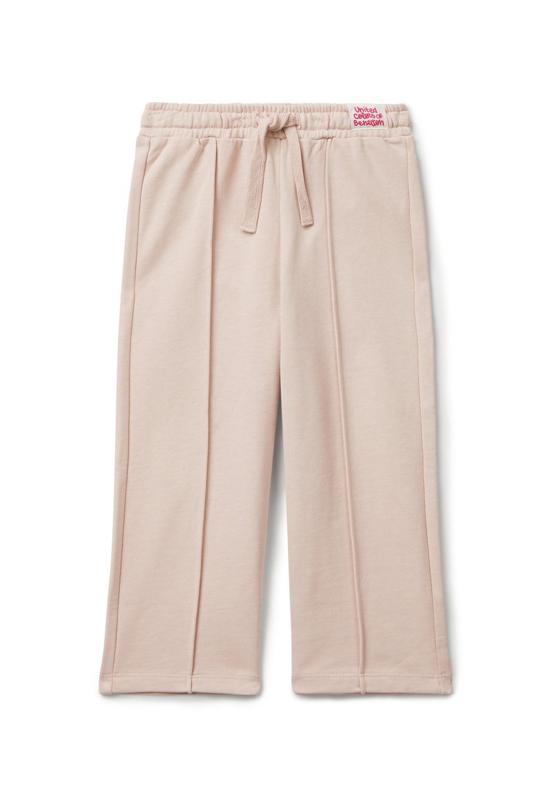 Světlé růžové kalhoty z měkké bavlněné směsi s elastickým pasem a šnůrkou na stažení. Mají přehyby a šité lemy.